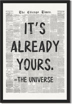 Framed Black And White Retro Newspaper Wall Art ItS Already Yours Universe Quote Poster Trendy Positive Inspirational Wall Decor for Bedroom Office Apartment Dorm Affirmation Canvas Print 12x16inch