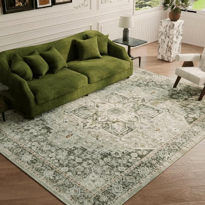 8×10 Machine Washable Rug for Living Room, Boho Vintage 8×10 Area Rug，Distressed Accent Low Pile Ultra Soft Large Carpet for Bedroom Bathroom Dining Room, Floral/Green