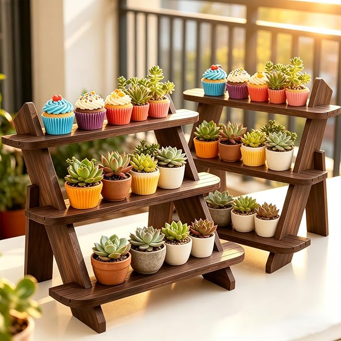 2Pcs Wooden Cupcake Stand, 3 Tier Wood Rustic Cupcake Stand, Dessert Display Stand Shelf, Buffet Risers for Table Display, Tool Free Installation Cupcake Stands for Birthday Party Decoration Supplies