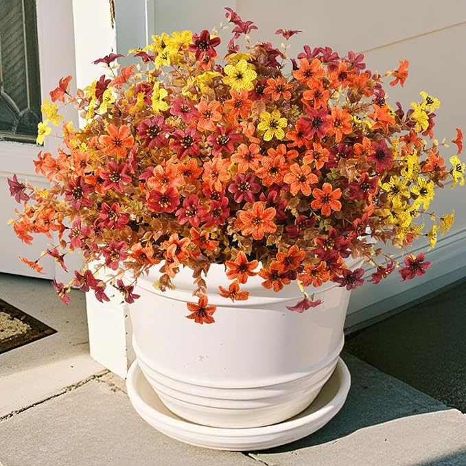 Artificial Mums Fake Fall Flowers for Outdoors Decoration, 12 Bundles Realistic Autumn Silk Daisy Faux Plants UV Resistant Decor for Home Garden Porch Patio Yard Balcony Window (Yellow Brown Orange)