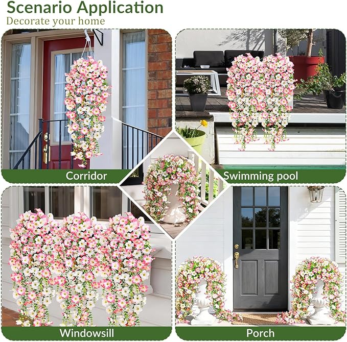 Waipfaru Artificial Petunias Flowers for Outdoors, 2 Pcs UV Resistant Fake Hanging Plants Spring Outside Decor, Faux Silk Flowers Long Trailing Vines for Outdoor Planters Porch Garden (Pink White)