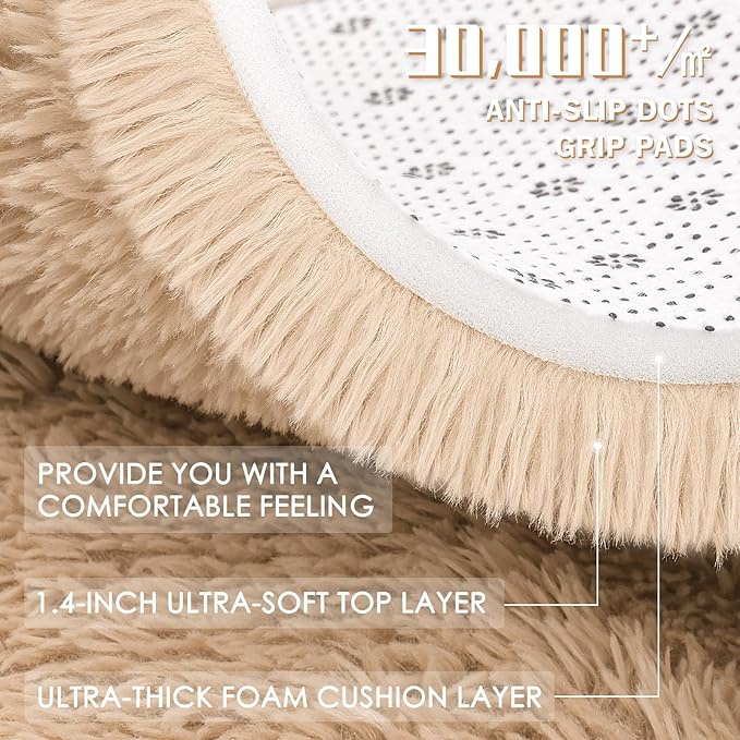 OLANLY 3x3 Machine Washable Small Bedside Rug, Soft Fluffy Shaggy Entryway Throw Rugs for Bedroom, Living Room, Indoor Floor Carpet for Kids Girls and Boys, Nursery Rooms, Home Decor Aesthetic, Beige