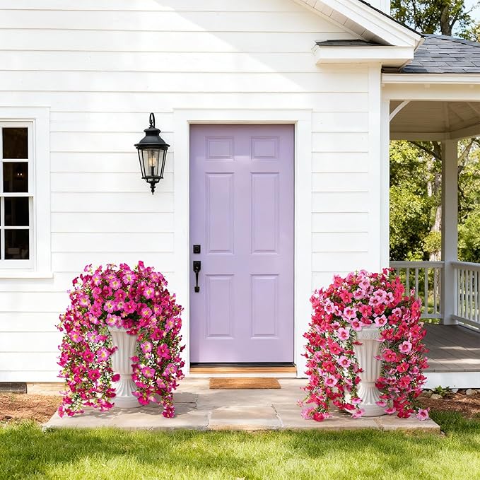 Artificial Hanging Flowers Plants for Outdoor Spring Summer Decoration, 2PCS Faux Silk Morning glory UV Resistant Look Real for Outside Home Indoor Planter Porch Garden Yard Decor(Purple Red Pink)