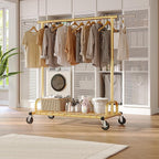 Raybee Heavy Duty Clothes Rack, Gold Clothing Racks for Hanging Heavy Clothes 200+, Rolling Clothing Rack Load 530 LBS, Extendable & Adjustable Portable Commercial Garment Rack with Wheels, Gold