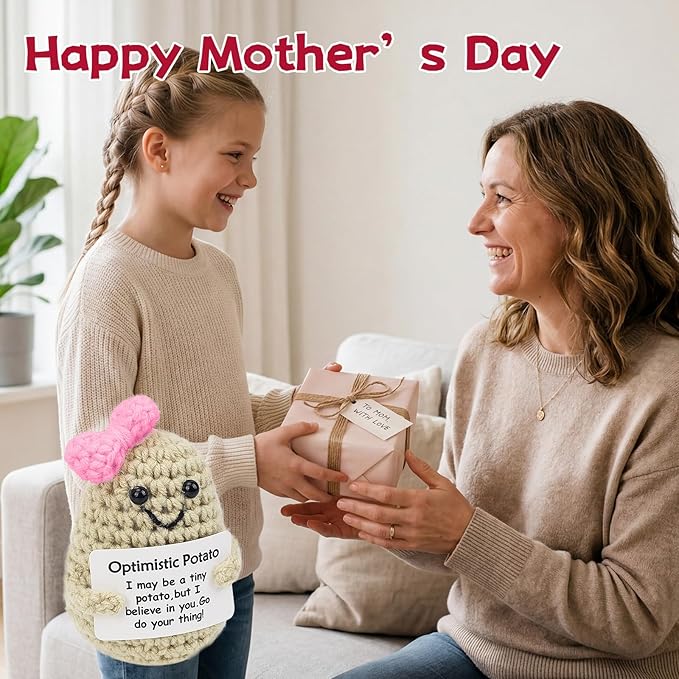 Positive Funny Crochet Potato Gifts for Girls Dad Women Men Friend,Mother's Day Easter Birthday Gifts from Daughter Son Handmade Kintted Crochet Doll with Emotional Encouragement Card Desktop Decors