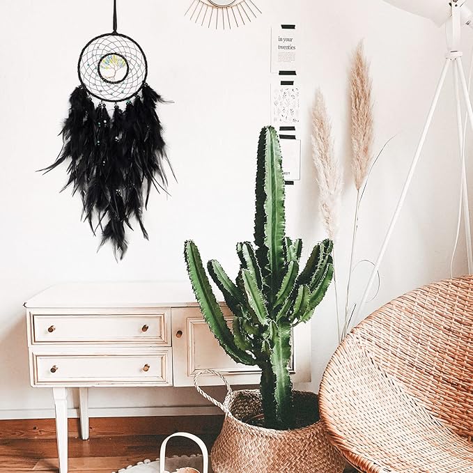 Dreamlike Black Tree of Life Dream Catcher Wall Decor with Healing Crystal Stone Handmade Feather Dream Catchers Decoration Wall Hanging for Girls Bedroom Living Room Wedding Party Home Décor