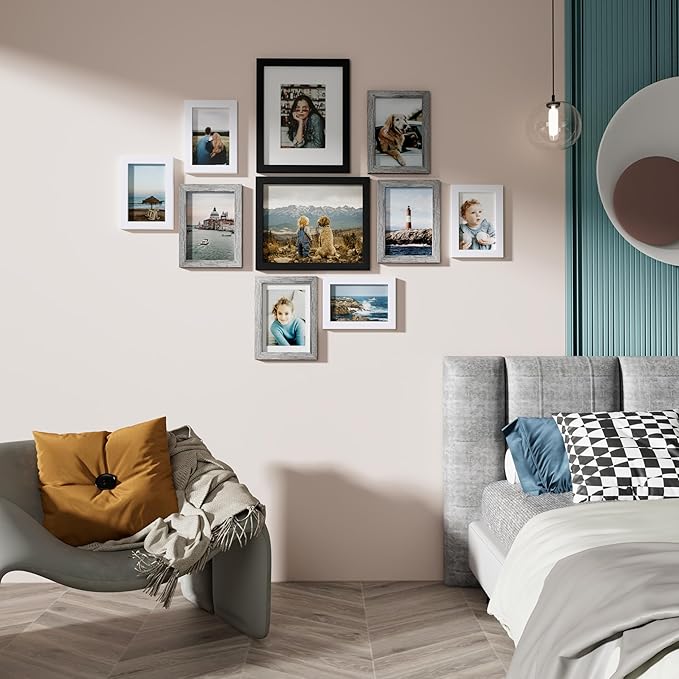 Vittanly Picture Frames Set of 10, Picture Frames Collage Wall Decor with Two 8x10, Four 5x7, and Four 4x6 Photo Frames, Gallery Wall Frame Set for Wall or Tabletop Display, Black, Grey and White