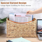 BTSKY Woven Magazine Holder, Water Hyacinth Magazine Basket, Natural Storage Basket Bin for Books & Files, Bathroom Magazine Rack with Built-in-Handle for Home, Office & Desk - 17x6.5x9.8 Inch
