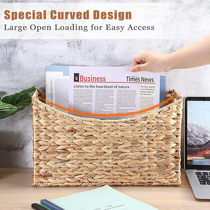 BTSKY Woven Magazine Holder, Water Hyacinth Magazine Basket, Natural Storage Basket Bin for Books & Files, Bathroom Magazine Rack with Built-in-Handle for Home, Office & Desk - 17x6.5x9.8 Inch