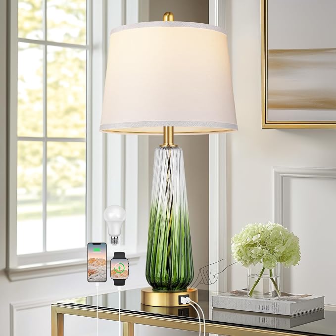 Glass Table Lamps for Living Room, Modern Bedside Lamps with USB A+C Ports, 3-Way Dimmable Touch Control Nightstand Lamp with White Linen Shade, 27.5" Large Lamps for Bedrooms Decor, Green, 1 Pack