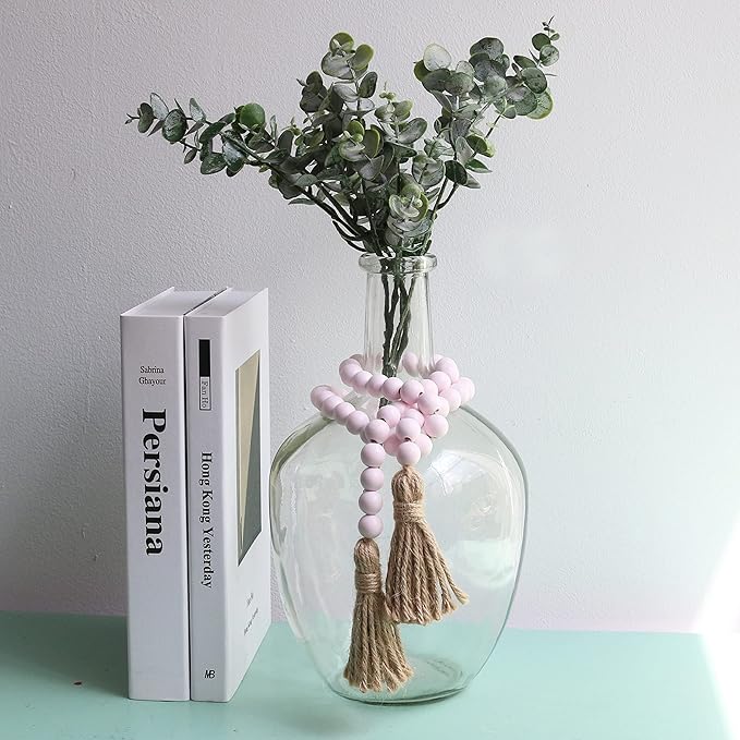Meplait 39in Wood Bead Garland Farmhouse with Tassels,Versatile Prayer Beads Boho Chic Wall Hanging Home Decor (Pink)
