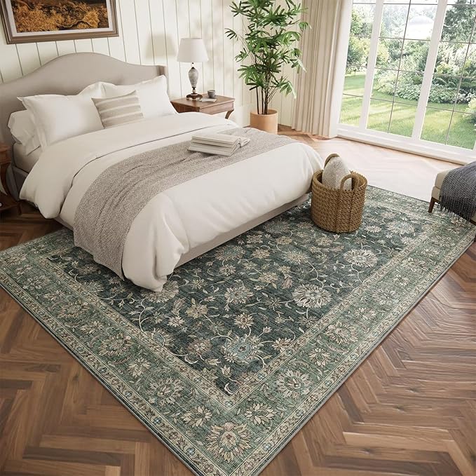 Washable 6x9 Area Rugs for Living Room, Boho Non-Slip Vintage Distress Large Rugs for Bedroom Dining Room Nursery Office, 0.3" Neutral Oriental Throw Thin Carpet, Sage Green/Blue/Multi