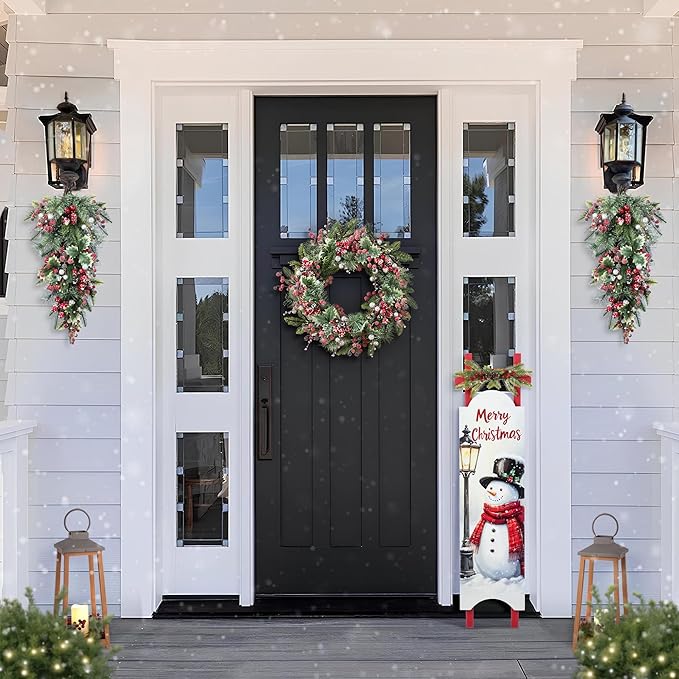 Glitzhome Christmas Teardrop Swag 28 Inch Red Pomegranate Berry & Holy Leaf Decor for Front Door, Indoor Outdoor Holiday Greenery with Rattan Ring for Mantel, Porch, Festive Hanging Decoration