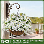 INQCMY Artificial Fake Petunias Flowers for Outdoors Spring Decoration, 12 Bundles Faux Flower Plants UV Resistant White Realistic Silk Flower for Outside Planters Patio Porch Yard Window Box