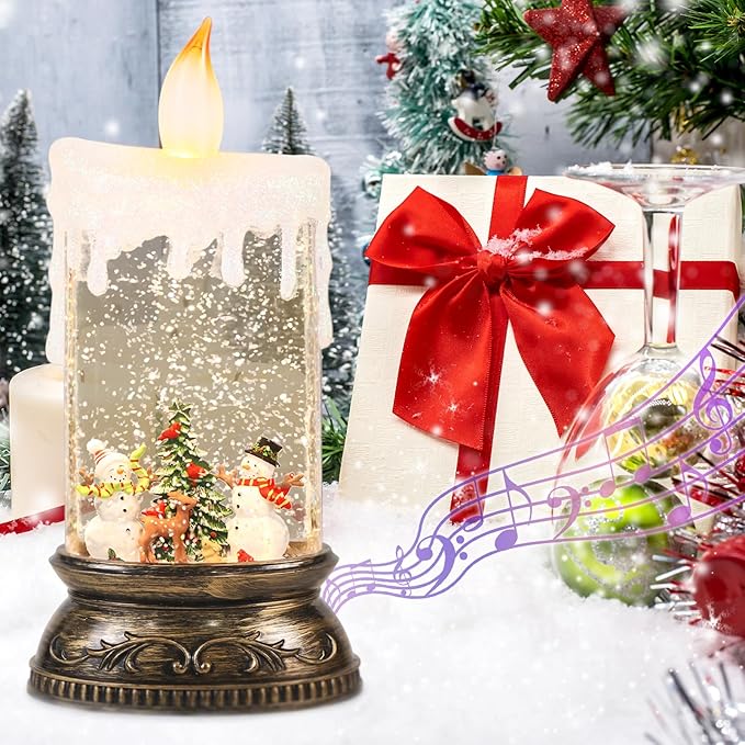Eldnacele Christmas Music Snow Globe Lantern with Timer Battery Operated & USB Powered Lighted Snowman Deer Singing Snow Globe Candle Lamp Spinning Water Glitters Indoor Christmas Decorations