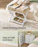 SONGMICS Solid Wood Luggage Racks, Set of 2, No Assembly Required, Foldable Suitcase Stand, Luggage Holder, with Storage Shelf, for Guest Room, Hotel, Bedroom, Cloud White URLR021W01