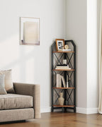 CHOEZON 4-Tier Rustic Brown and Black Corner Shelf, 4-Shelf Industrial Corner Bookshelf, Space-Saving Corner Storage Stand, Plant Stand Display Shelf, Bedroom, Living Room, Home Office