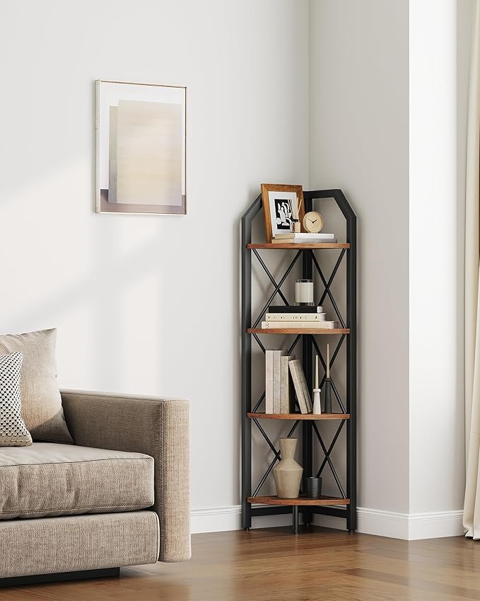 CHOEZON 4-Tier Rustic Brown and Black Corner Shelf, 4-Shelf Industrial Corner Bookshelf, Space-Saving Corner Storage Stand, Plant Stand Display Shelf, Bedroom, Living Room, Home Office