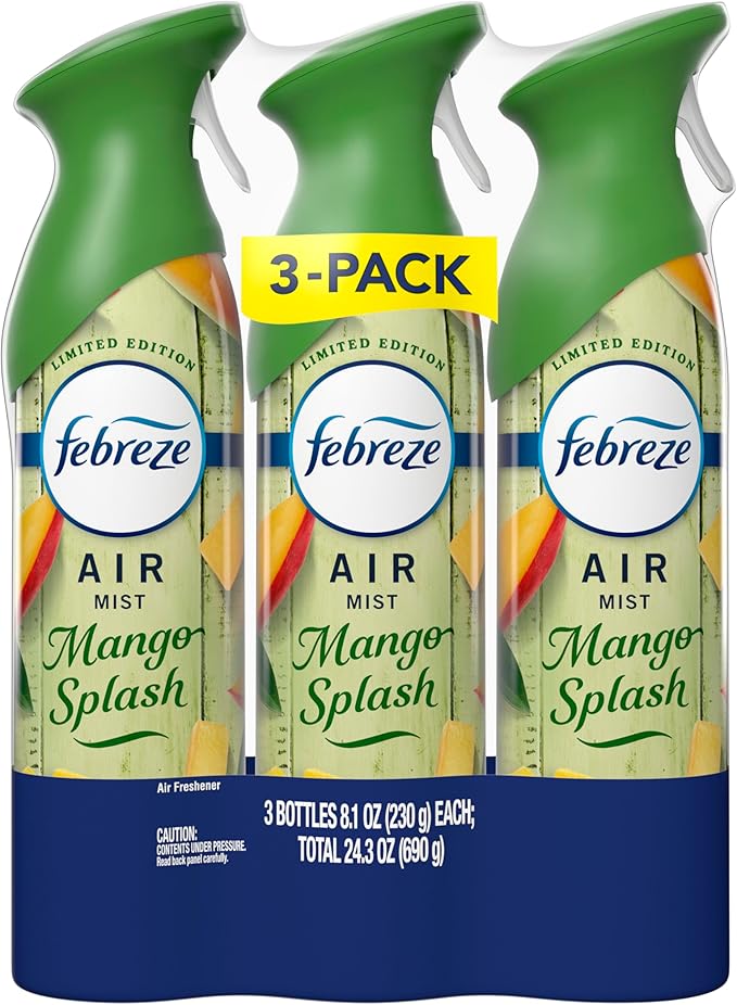 Febreze Air Mist, Air Freshener Spray, Odor Fighting Room Spray, Deodorizer for Home Bathroom Kitchen Office Apartment Dorm Room Classroom, Mango Splash Scent, 8.1oz (Pack of 3)