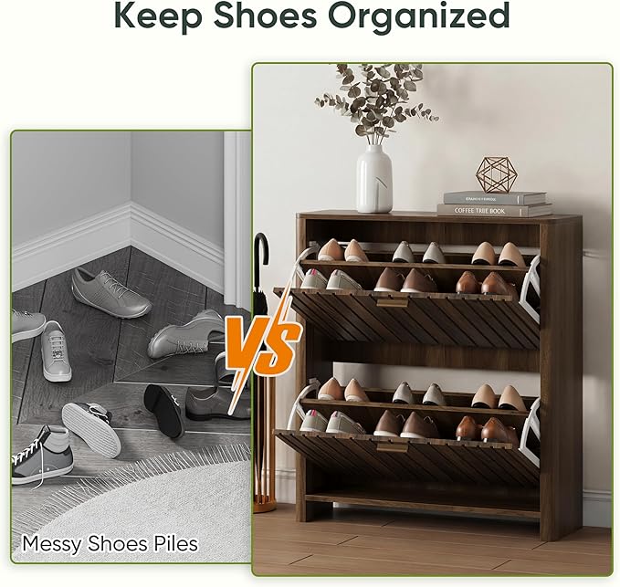 Shoe Cabinet with 2 Flip Drawers, 31.5 Inch Narrow Fluted Shoe Organizer with Gradient Wood Strips Door for Entryway Hallway, Living Room Storage Furniture, Walnut