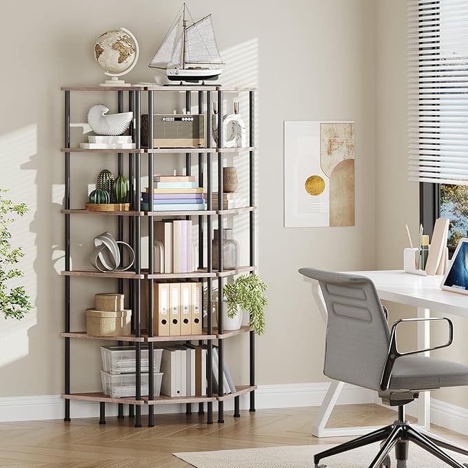 HOOBRO Corner Shelf Stand, Industrial 6-Tier Corner Bookshelf with Metal Frame, Plant Display Shelf, Bookcase for Small Spaces, Living Room, Greige and Black BG36CJ01