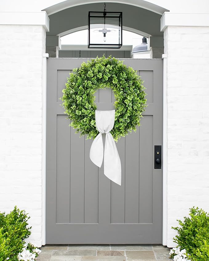 Vlorart 25" Faux Round Boxwood Wreath, Artificial Boxwood Wreath Front Door Wreaths Artificial Spring Summer Greenery Hanging with sash for Front Door Wall Hanging Window Wedding Decor