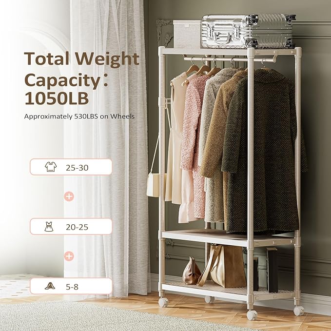 IZEUK Heavy Duty Rolling Garment Rack Wire Clothes Rack for Hanging Clothes (Gold, 3 Tier with 1 Rod, 17.7" D x 33.5" W x 70.3" H)