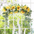 Artificial Sunflower Swag, 17.7inch Decorative Flower Swag Wedding Arch Decor, Fake Flower Wreath Sunflower Swag Garland, Green Leaves Hanging Ornament Floral Swag Door Swag for Wedding Home(Yellow)