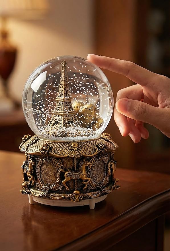 LED Music Snow Globe Vintage Eiffel Tower Buildings Embedded Carousel Retro Home Decoration for Book Shelf Cabinet Floating Board Office Desk Table Top Decor Centerpieces Ornament (Gold)