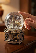 LED Music Snow Globe Vintage Eiffel Tower Buildings Embedded Carousel Retro Home Decoration for Book Shelf Cabinet Floating Board Office Desk Table Top Decor Centerpieces Ornament (Gold)