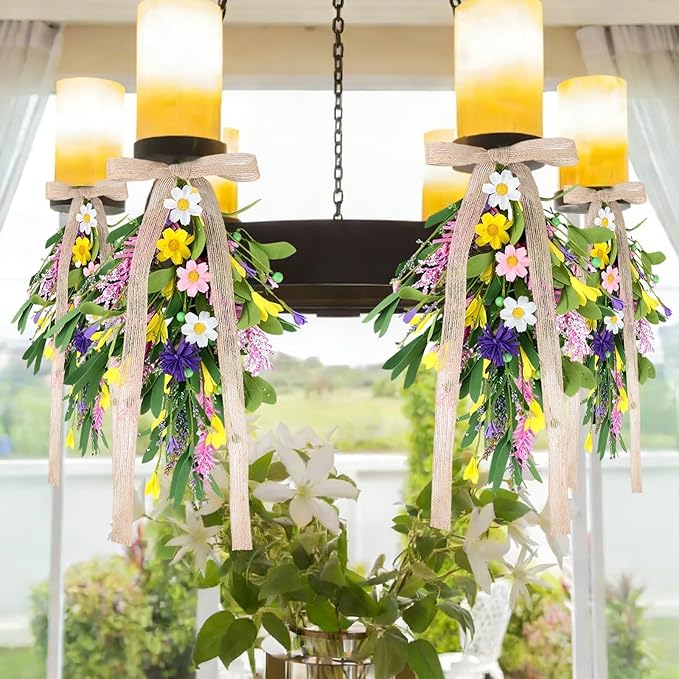 6 PCS Spring Summer Teardrop Swag with Bow Artificial Wildflower Sconce Lighting Swag Wreath Lavender Daisy Wisteria Candlestick Wreath Green Eucalyptus Floral Swag for Wall Cabinet Chandelier Decor