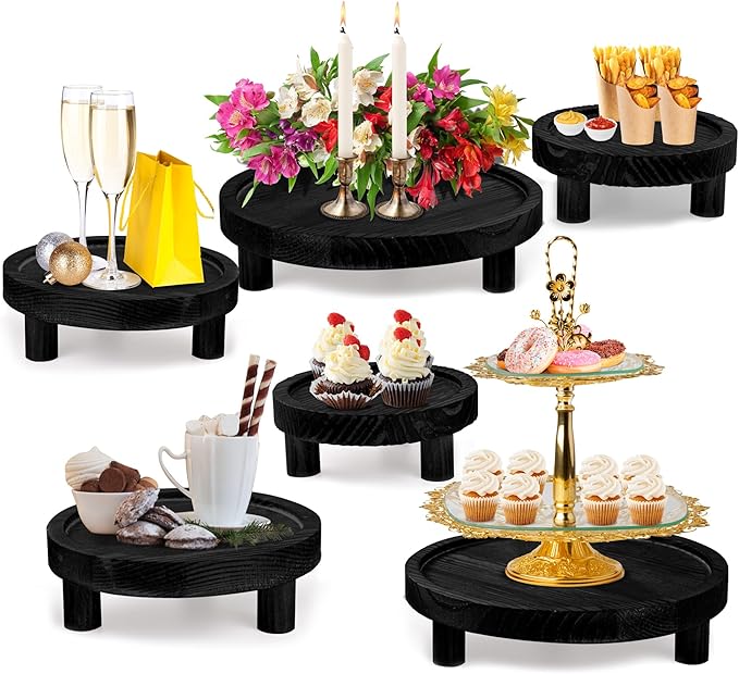 6PCS Wooden Risers for Display Wood Cake Stand for Party Round Food Risers for Buffet Wooden Holder Rustic Riser for Decor Tiered Tray Decor Home Kitchen (Black, 6 PCS (8”, 6”, 5”))