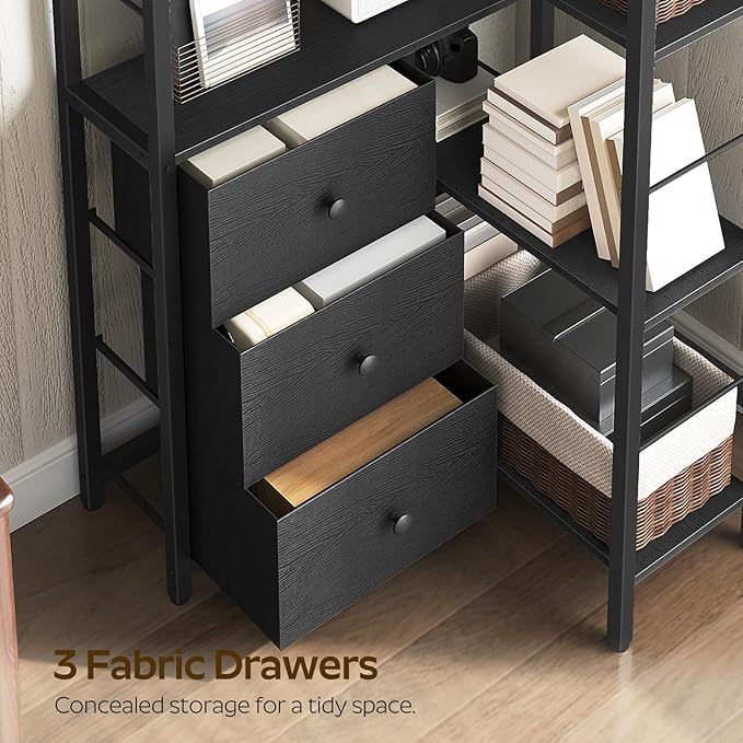 YATINEY Corner Bookshelf, 7 Tier L-Shaped Bookcase with 3 Drawers, Storage Corner Shelf, Freestanding Tall Display Shelf, Industrial Style, for Living Room, Home Office, Black SJ10BB