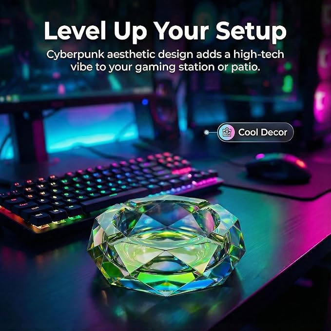Kaforise Heavy K9 Crystal Ashtray for Cigarettes – Cool Color-Changing Glass Ash Tray for Outdoor Patio & Home Decor – Fancy Geometric Tabletop Accessories, Unique Luxury Gift for Men Smokers(03)