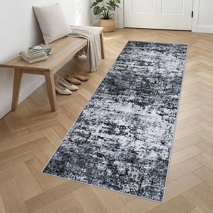 Washable Area Rug 3x10 Entryway Rug: Washable Modern Abstract Soft Thin Rug Indoor Floor No Slip Stain Resistant Carpet for Bedroom Dining Room Farmhouse Nursery Home Office - Black