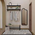 Black Clothes Rack 48in, 2-Tier Wall Mounted Garment Rack with Real Wood Shelf, Heavy Duty Hanging Clothes Rack, Multi-Purpose Hanging Rod, Space-Saving Closet Storage
