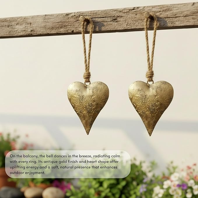 Rustic Iron Wall Accent for Home Decor | Handmade Metal Hanging Décor with Jute Rope | Golden Heart Design (4" & 3.5") Indoor & Outdoor Decoration (Set of 2)