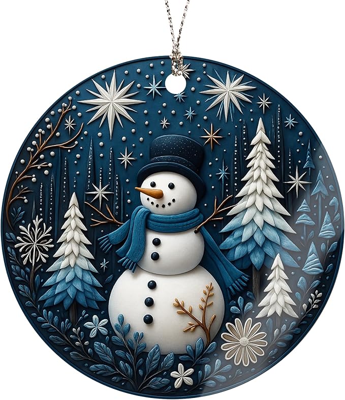 Warming Snowman Christmas Ornaments 2026, Blue & White Winter Forest Decoration for Holiday Tree Window Car, Snowman Decor for Home, Christmas Decorations, Winter Gifts for Friends Family Coworkers