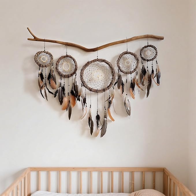 5 Pack Boho Dream Catcher Native American Wall Art Set, Handmade Natural Rattan Feathers Large Dreamcatcher Rustic Hanging Ornament Indian Wall Decor for Bedroom Adult
