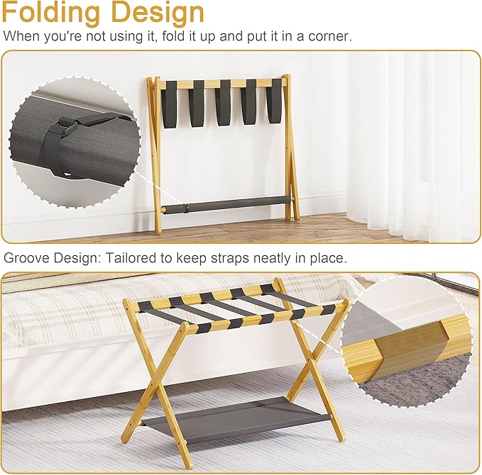 2 Pack Bamboo Luggage Rack for Guest Room, 26.77" Folding Wide Suitcase Stand with Fabric Storage Shelf, Thickened Luggage Stand Holder for Bedroom Hotel, Luggage Rack for Suitcases (2 Pack - Natural)