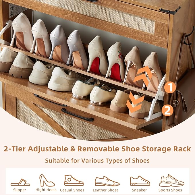 LEYAOYAO Shoe Storage Cabinet for Entryway with 2 Rattan Flip Drawers, Boho Narrow Shoe Cabinets for 16-20 Pairs Shoes with Large Drawers, Hidden Slim Shoe Rack with Wood Legs for Hallway, Tea Brown
