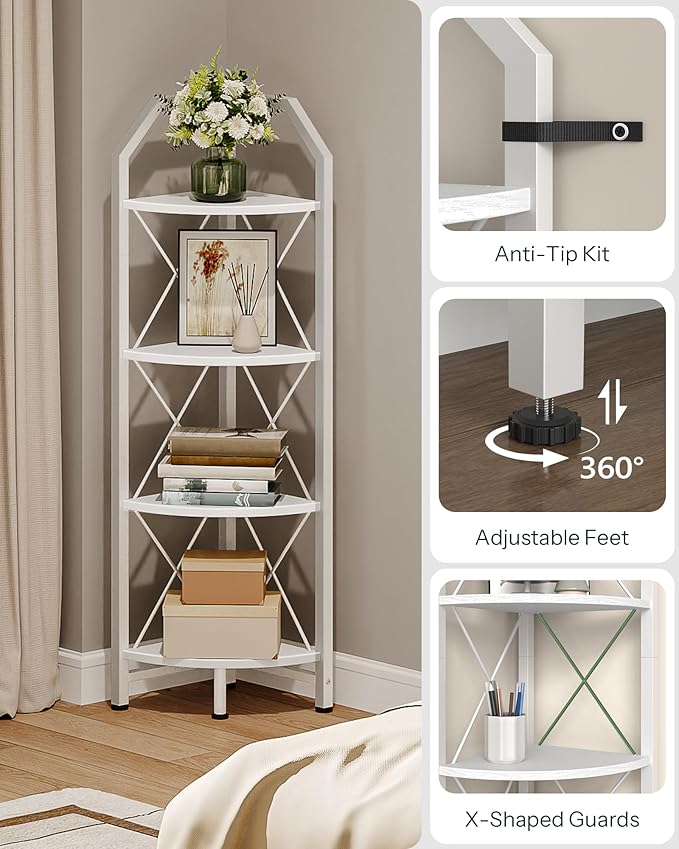 CHOEZON 4-Tier Corner Shelf, Industrial Corner Bookshelf, 47.6" Corner Storage Stand, Plant Stand Display Shelf, Corner Bookcase for Bedroom, Living Room, Home Office, White TCJ09WB