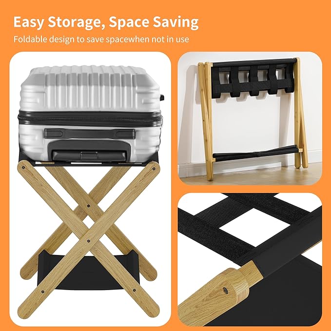 Heybly Luggage Rack, Pack of 2, Folding Suitcase Stand with Storage Shelf, Heavy-Duty Luggage Holder for Guest Room Bedroom Hotel, Holds up to 165 lb,Natural, HLR010N2