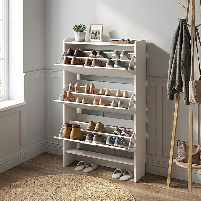 Shoe Cabinet for Entryway Slim, 3-Drawer Flip Hidden Shoe Storage for 21 Pairs, Narrow Tall Wooden Rack with Bottom Shelf & Fenced Top, White