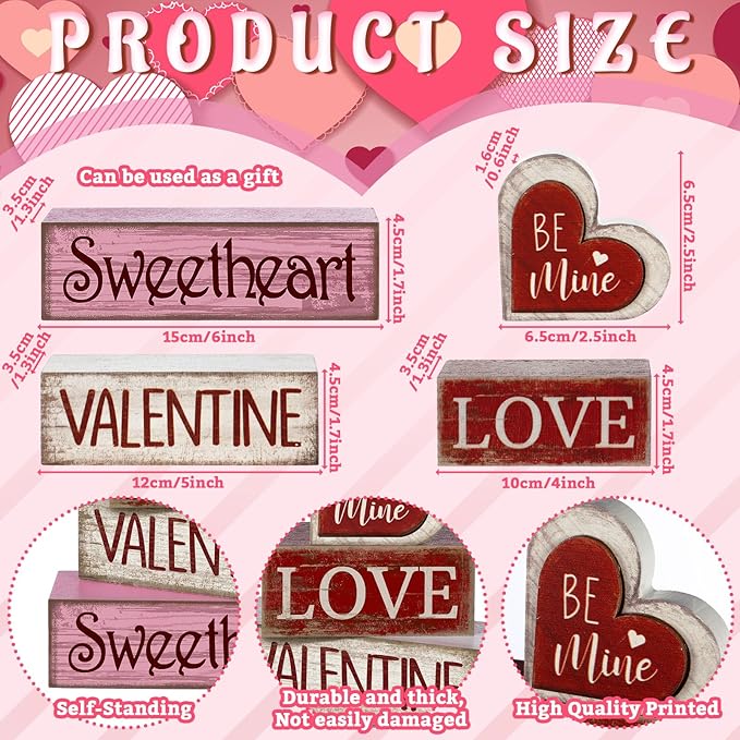 Lineshading 4 Pcs Valentine Table Decoration Wooden Be Mine Heart Decor Valentine Day Tiered Tray Decor Valentine's Day Centerpiece Red Pink White Heart Block Signs Gift for Farmhouse Home Kitchen