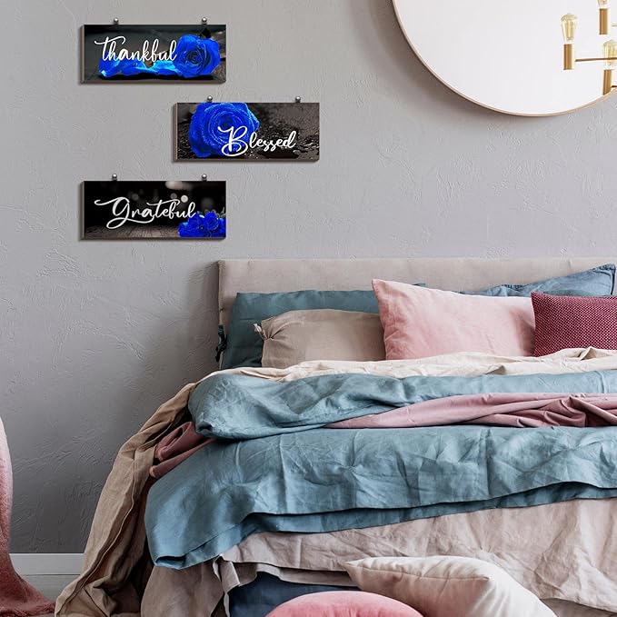 Hillban 3 Pieces Rose Wooden Wall Decor Rose Bathroom Decor Thankful Grateful Blessed Accessories Inspirational Wall Art Signs for Living Room Kitchen Wedding(10 x 4 Inch,Blue)