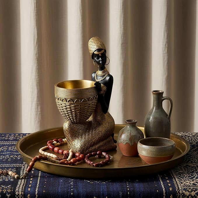Lescafita Handmade African Tribal Woman Sculpture - Gold Adorned Seated Figure with Basket, Vintage Resin Statue for Home Decor, Unique Housewarming Gift for Shelf/Table (9.65" H)