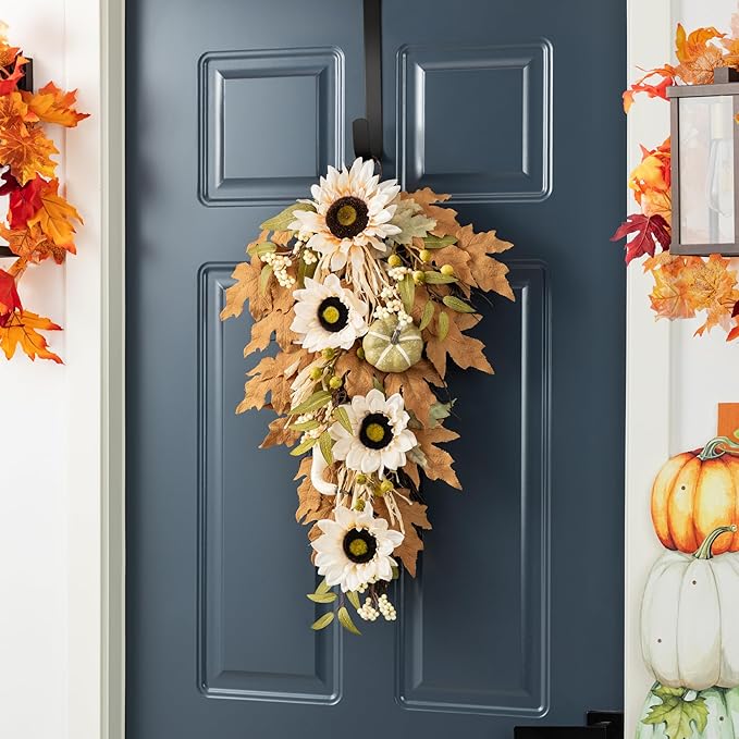 Glitzhome Fall Teardrop Swags for Front Door, 28''H Autumn Swag with Neutral Sunflower, Pumpkin and Leaf, Fall Swags for Front Door, Thanksgiving Harvest Festivals Decor
