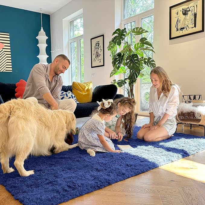 OLANLY 8x8 Machine Washable Large Area Rugs for Living Room, Bedroom, Soft Fluffy Shaggy Bedside Rug, Indoor Floor Carpet for Kids Girls and Boys, Dorms, Nursery, Home Decor Aesthetic, Navy Blue
