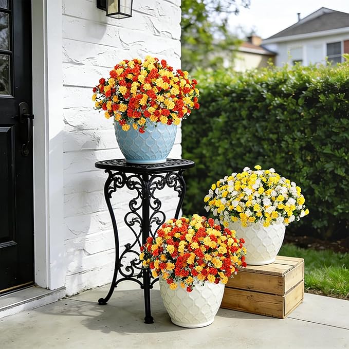 Artificial Flowers for Outdoors Decoration, 6 Bundles Silk Marigold Flower UV Resistant Look Real Faux Plants for Garden Porch Planter Patio Balcony Yard Home Decor (Yellow Orange)